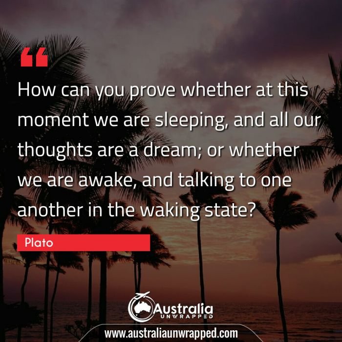 How can you prove whether at this moment we are sleeping, and all our thoughts are a dream; or whether we are awake, and talking to one another in the waking state?
 