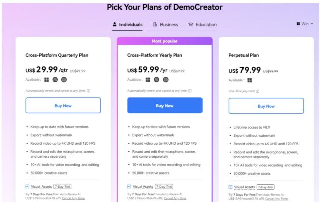 pricing plans of democreator