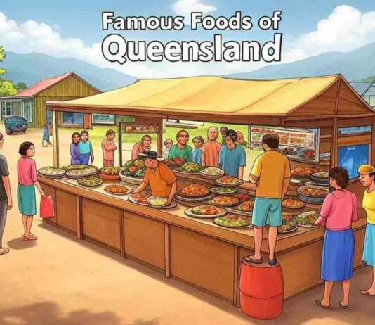 What Is the Famous Food in Queensland? What Is the Most Remote Town in Queensland? - cartoon styles - WITH CORRECT SPELLING on title text on the image.