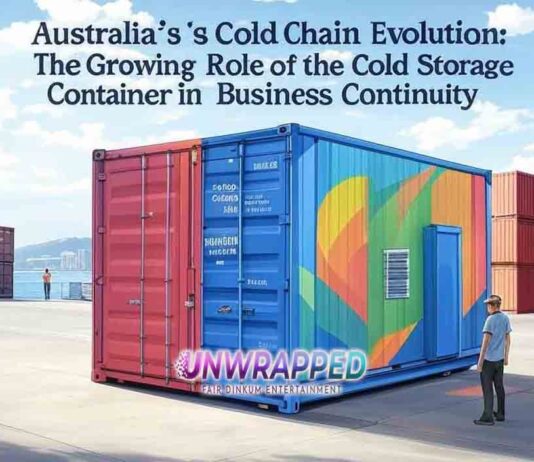 please create a cartoon image about this article Australia’s Cold Chain Evolution: The Growing Role of the Cold Storage Container in Business Continuity please add the title text on the image and do not add any other words. Please add the title: Australia’s Cold Chain Evolution: The Growing Role of the Cold Storage Container in Business Continuity on the top part of the images