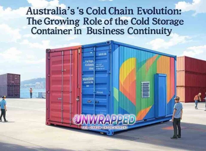 please create a cartoon image about this article Australia’s Cold Chain Evolution The Growing Role of the Cold Storage Container in Business Continuity please create a cartoon image about this article Australia’s Cold Chain Evolution: The Growing Role of the Cold Storage Container in Business Continuity please add the title text on the image and do not add any other words. Please add the title: Australia’s Cold Chain Evolution: The Growing Role of the Cold Storage Container in Business Continuity on the top part of the images